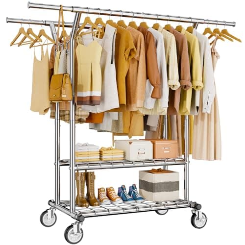 HYSEYY Heavy Duty Clothes Rack, Rolling Clothing Rack With Shelves Load 620 LBS, Double Rod Clothing Racks for Hanging Clothes, Portable& Adjustable Clothes Rack with Wheels Garment Rack