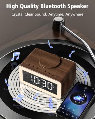 Digital Alarm Clocks for Bedrooms, Bluetooth Speaker, Alarm Clock with Wireless Charging, White/Brown Noise Sound Machine for Sleep with Night Light Wooden Vintage Decor Birthday Gifts for Men, Women 7