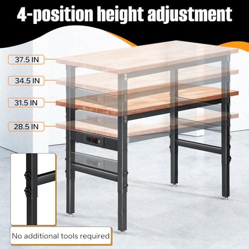 HONRISE Work Bench, Height Adjustable Workbench Heavy Duty Oak Wood Desktop Work Table with Power Outlets for Garage, Workshop, Home and Office Computer Desk, 47.3 x 23.6 IN, Wood, Black 5