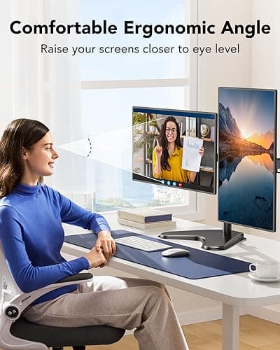 HUANUO 32 inches Dual Monitor Stand up to 17.6lbs per Arm, High-Grade Aluminum Free Standing Dual Monitors Mount for 2 Screens. Fully Adjustable Dual Monitor Stand for Desk with Tilt, Swivel, Rotation 7