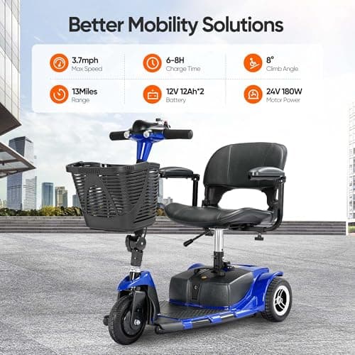 3 Wheel Mobility Scooters for Adults, Folding Mobility Scooter for Seniors, 265 lb Capacity Electric Scooter with Basket, Powered Mobility Scooter for Travel, Long Range Power Battery, Blue 7