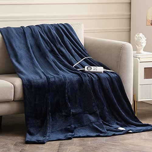HOMLYNS Heated Blanket Twin Size, Electric Blanket with 1-12 hrs Timer Auto-Off & 10 Heating Levels, Double-Layer Flannel Heating Blanket with ETL Certification, Machine Washable (62”x 84”, Navy)