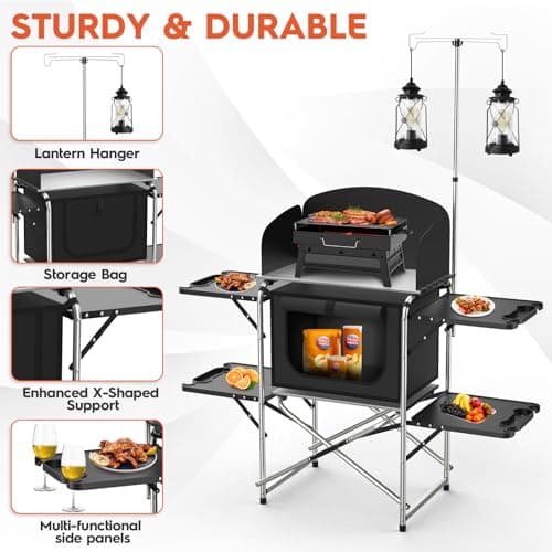 JOUYEK Camping Table, Aluminum Folding Camping Cook Station with Windshield, Upgrade Light Stand, Storage Bag, Quick Installation for Outdoor, Picnic, Cooking 5