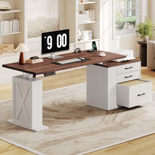 Homiflex 75.5 Inches Electric Standing Desk with Drawers Farmhouse Sit Stand Desk with Storage Adjustable Height Computer Desk with Power Outlets Printer Space for Home Office White and Walnut