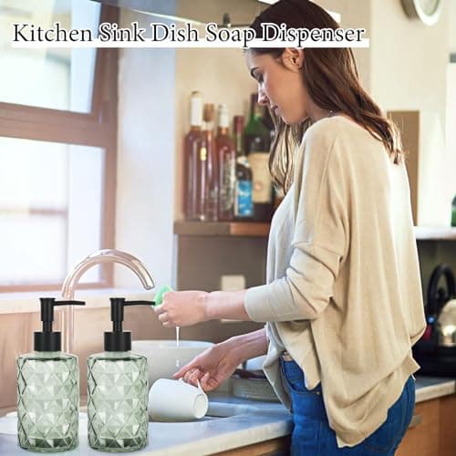 YCWF Green Glass Soap Dispenser Set with Pump,2 Pack/12 OZ Liquid Hand Soap Dispenser,Refillable Lotion & Dish Soap Dispenser for Kitchen and Bathroom(Light Dark Green) 5