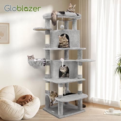 Globlazer Corner Cat Tree for Large Cats, 66inch Tall Curved Series Large Cat Tower for Multiple Indoor Cats with 6 Scratching Posts, 2 Spacious Cat Condos, Hammock, Hanging Basket, C66, Light Grey 8