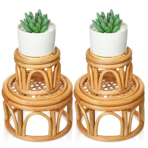 Wenqik 4 Pcs Boho Rattan Plant Stand Woven Wicker Round Riser Stand Indoor Rustic Farmhouse Natural Circle Plant Pedestal Round Accent Centerpiece for Home Kitchen Office Display, 2 Size