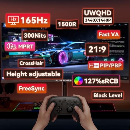 Raywego 34 Inch Ultrawide Monitor 3440 x 1440P Curved Gaming Monitor,Swivel/Height Adjustable,21:9 Aspect Ratio with RGB Backlight,165Hz 127% sRGB 4000:1 Contrast Ratio,PIP/PBP Black,2026 2