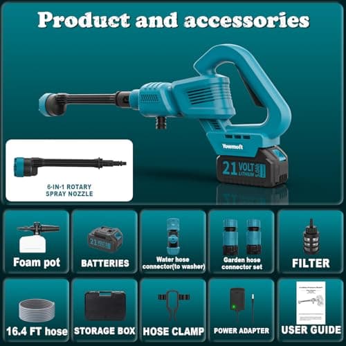 Cordless Pressure Washer, 970PSI Portable Pressure Washer Compatible with Makita Battery, 3 Speed Adjustment LCD Touch Screen, Portable Power Washer with 5.0Ah Battery for Car/Floor/Patio 6