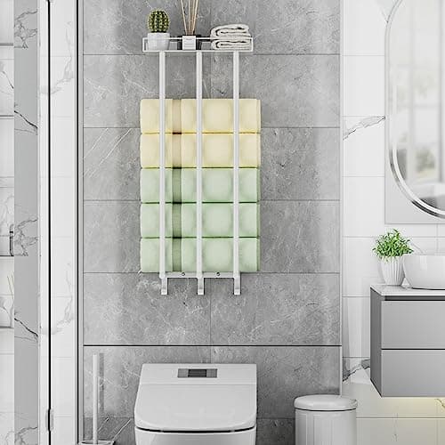 Ovicar Towel Racks for Bathroom - Wall Mounted Rolled Towels Storage with Metal Shelf & 3 Hooks,3 Bars Wall Towel Holder for Small Bathroom, Bath Towel Organizer White 5