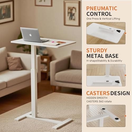 GallopFun Rolling Teacher Standing Desk with Hidden Wheels,Pneumatic Mobile Laptop Table Height Adjustable Small Sit Standing Desk for Home Office,White 6