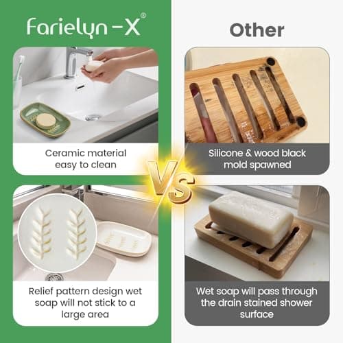 2 Pack Ceramic Soap Dish for Cleaner Shower, Decorative Soap Holder for Bar Square Shampoo or Sponge, Cute Shower Soap Dish Soap Saver Tray Container for Bathroom Kitchen Sink, Easy to Clean 6