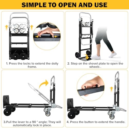 3 in 1 Convertible Hand Truck Dolly with Brakes,Heavy Duty Folding Hand Truck with 600LB Capacity,Portable Dolly Cart with Rubber Wheels and Telescoping Handles for Moving(Black) 5