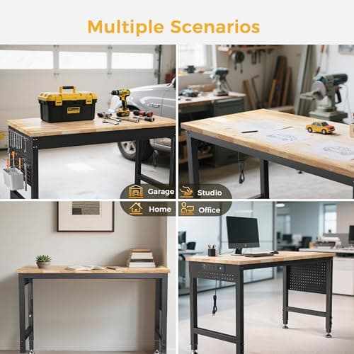 CAMMOO 47.64" Adjustable Heavy Duty Workbench, 2000 LBS Load Capacity Rubber Wood Work Table with Pegboard, Power Outlets, Work Bench for Garage, Workshop, Office, Home, Commercial 9
