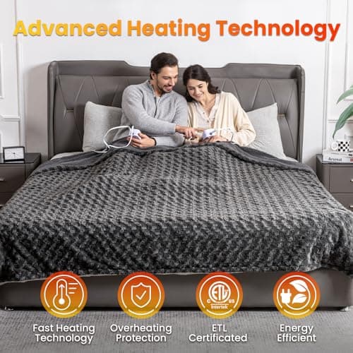 WOOMER Heated Blanket King Size 100" x 90", Electric Blanket with Dual Controls, 0.5-12 Hours Timer & 10 Heating Levels, ETL Certified, Dark Grey Rose Patterns Faux Fur & Sherpa, Machine Washable 5
