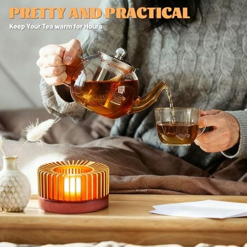 Inmorven Teapot Warmer, Aluminum Tea Warmer with Wooden Base, 4.33 inch Candle Heater for Heating Tea, Coffee, Milk, Food,Camping and Traveling, Suitable for All Teapots - S 6