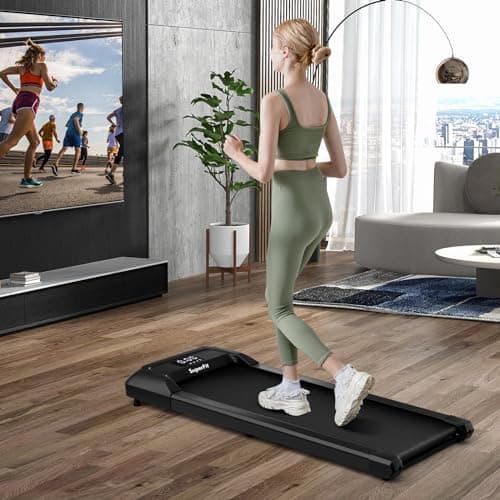 GYMAX Walking Pad, 2.25HP Under Desk Treadmill with LED Display, Remote Control & 7-Layer Belt, Compact Portable Jogging Running Machine for Home Office Small Space (Black) 8