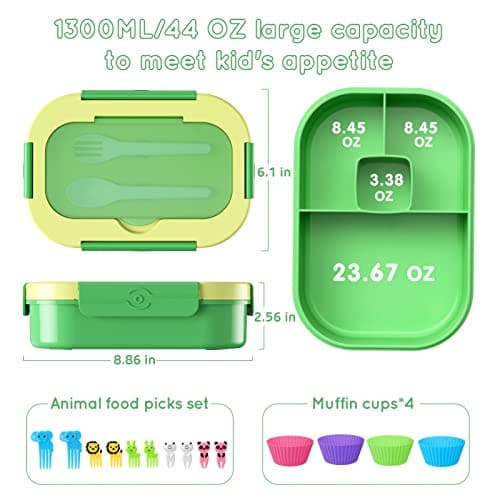 TIME4DEALS Bento Lunch Box Leakproof 44oz Kids Lunch Box Containers with 4 Compartment, Bento-Style Lunch Bento Box with Cutlery, Reusable Kid Back to School Meal/Snack Packing BPA Free (Green) 5