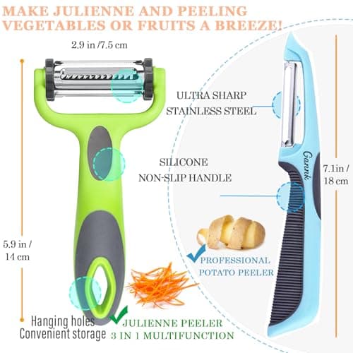 GANNK Potato Apple Vegetable Peelers for Kitchen, I and Y Peelers for Fruit Veggie Potatoes Carrot Cucumber, 3 in 1 Blade Spin Design With Julienne Function 8