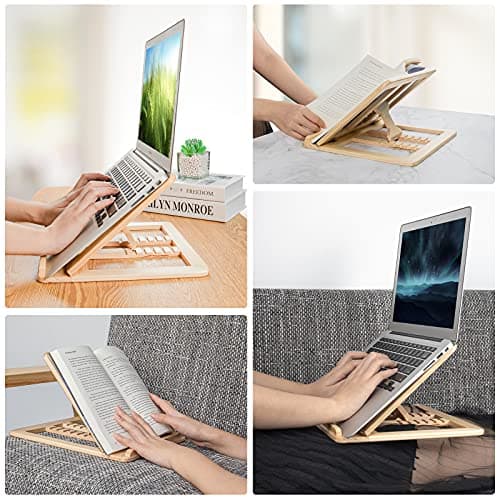 Skoioje Wooden Laptop Stand for Desk with Free Phone Holder, Foldable and Adjustable Ergonomic Laptop Riser for 10-15.6 Inch Notebooks, Portable MacBook Stand (Natural Wood, Universal Fit) 6