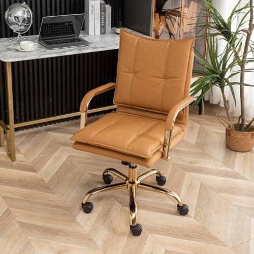 DRKAT Leather Home Office Desk Chairs Comfy Office Chair, Mid-Back Adjustable Swivel Computer Chair with Golden Legs and Arms, Modern Upholstered Task Chair with Wheels, Camel 6
