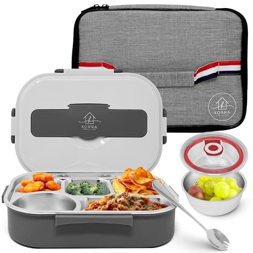 Korra Home & Living Stainless Steel Lunch Bento Box for Adults and All Ages - 5 Compartments, Insulated Bag, Spork, and Leak resistant Soup Bowl, Durable for Work, College, Travel