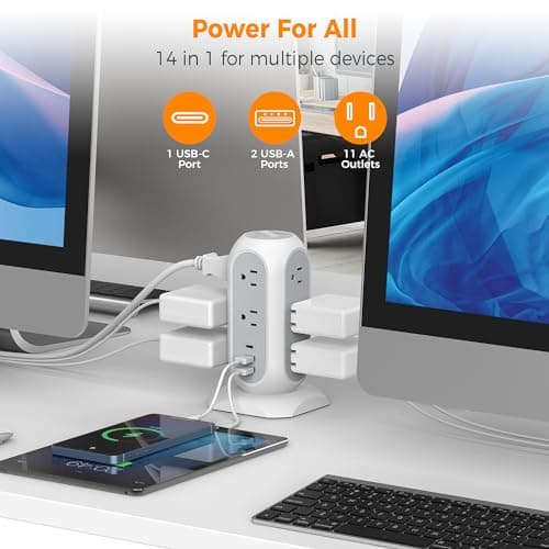 Tower Power Strip Flat Plug with 11 Outlets 3 USB (1 USB C), TESSAN Surge Protector Tower 1625W/13A,1050J Protection, 6 Feet Extension Cord with Multiple Outlets, Office Desk Supplies, Dorm Essentials 6