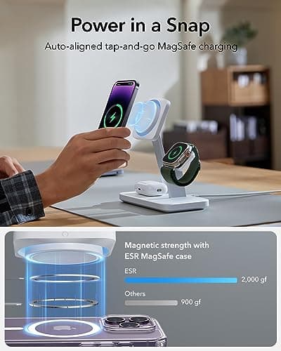 ESR 25W 3-in-1 Charger Stand for Magsafe, Made for Apple-Certified Magnetic Wireless Charger, 15W Charging Station for iPhone 17/16/15/14/13 Apple Watch/AirPods Pro, Phone-Cooling Charger, White 5