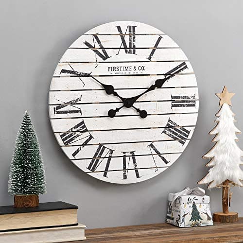 FirsTime & Co. White Farmhouse Shiplap Wall Clock, Large Vintage Decor for Living Room, Home Office, Round, Wood, Boho, 18 inches