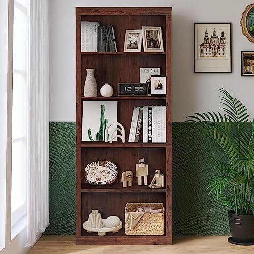 Vikiullf Wood Bookshelf - Tall Bookcase with 5 Storage Shelves, Freestanding Display Book Shelf for Living Room, Bedroom, Home Office Library, Child Room,Cherry