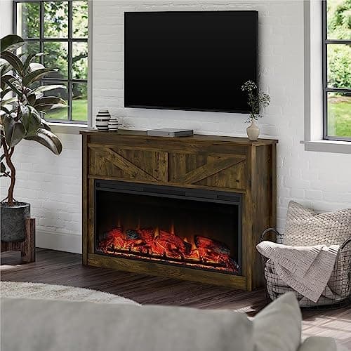 Ameriwood Home Farmington 49 Inch Electric Fireplace with Mantel, Replaceable Fireplace Insert Heater. Remote Control, Timer, Realistic Log and Flame Effect, Century Barn Pine