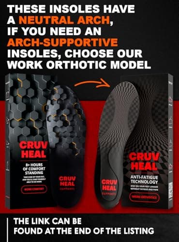 CRUVHEAL Work Comfort Orthotic Insoles - Anti Fatigue Shoe Insert Men Women - Low Arch Support - Shock Absorption - Foot Pain Relief - Work Boot Insoles (M, Black) 6