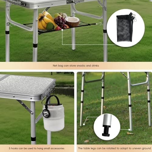 pollilar Small Camping Table 2Ft Folding Table 3 Adjustable Height Portable Lightweight Table Aluminum Fold Up Dining Table for Picnic,Beach BBQ,Cooking, Bed Working Outdoor & Indoor 6