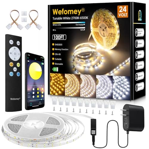 Wefomey White LED Strip Lights, 100ft Dimmable Bright 24V Led Tape Light with Remote and App Control, 2700K-6500K White 1440 LEDs Lights for Bedroom, Kitchen, Ceiling (1 Rolls of 100ft)