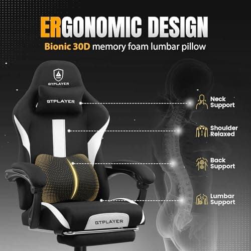 GTPLAYER Gaming Chair with Foot Rest & Pocket Spring Cushion, Breathable Fabric for Home Office Desk, Ergonomic High Back Computer Chair with Headrest & Lumbar Support, Black 5