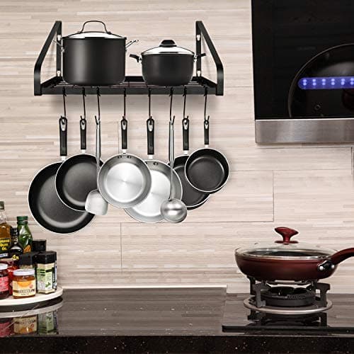 G-TING Hanging Pot Rack, Pot and Pan Organizer Wall Mounted Pots Holder Kitchen Storage Shelf with 8 Hooks, Ideal for Pans Set, Utensils, Cookware, Books, Household, Black, 2 DIY Methods 5