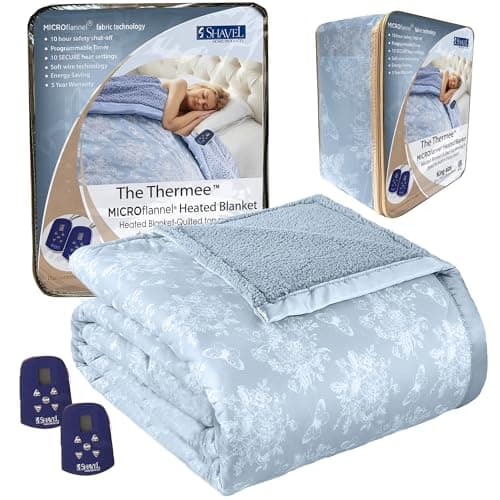 Thermee Micro Flannel Heated Blanket with Sherpa Back, 10-Setting Electric Blanket King Size, Programmable Heating Blanket, Ultra-Soft Heated Throw Blanket,Fast Heating Thermal Blanket–Toile Sky Blue
