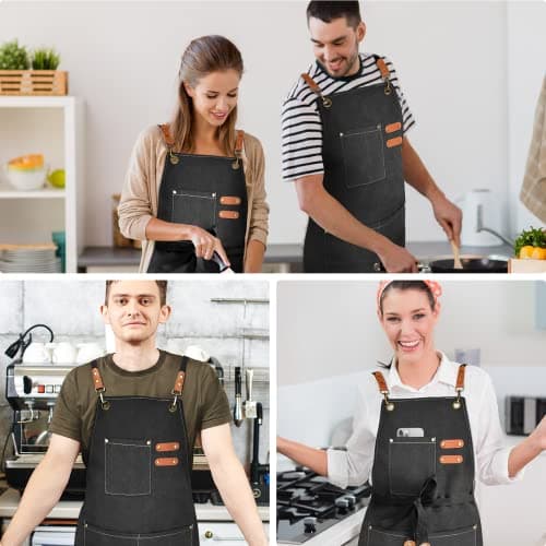 OUNLEN Chef Apron for Men Women Canvas Aprons with 3 Pockets Cross Back Resistant Work Apron for Cooking Grilling Baking BBQ Barber Kitchen (Black) 6