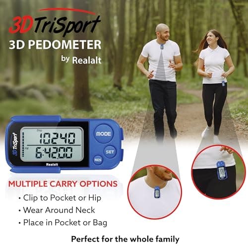 Realalt 3DTriSport 3D Walking Pedometer with Clip & Strap, Accurate Step Counter with 30-Day Memory, Distance in Miles/KM Large Display Perfect for Seniors & Beginners eBook Included - Blue 5