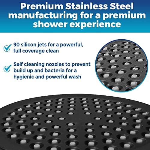 High Pressure Shower Head - Anti-Clogging Silicone Nozzles - 2.5 GPM Removable Restrictor - Easy to Clean Adjustable Replacement - easy to install with Plumbers Tape - 6 inch - Matte Black Finish 5