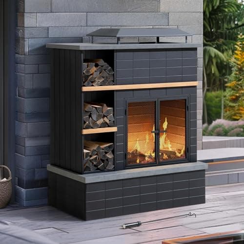 SUNJOY Outdoor Fireplace with Wood Storage and Chimney, Steel Outdoor Wood Burning Fire Pit with Log Holders, Fire Poker and PVC Cover, for Patio Garden Deck Backyard