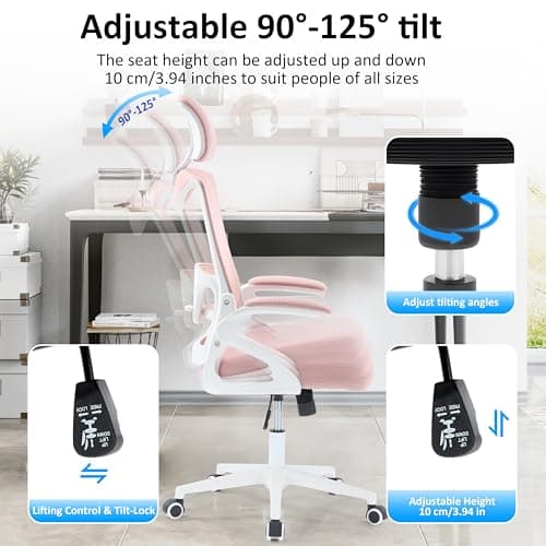 Fizzin Ergonomic Office Chair,Ergonomic Desk Chair with Headrest Mesh Computer Chair with High Back Adjustable Lumbar Support, Rolling Swivel Chairs with Wheel Armrests for Home Office(Pink) 6