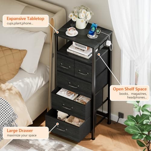 Furnulem Dresser for Bedroom, Tall Nightstand, Vertical Chest with Wood Top, Charging Station, LED Lights, 5 Fabric Bins, Bedside Table with Shelf, Furniture for Entryway (5 Drawer, Black Oak) 5