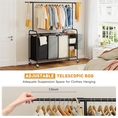 Laundry Sorter 3 Section Rolling Laundry Hamper Cart with Shelf 200L Large Laundry Basket Organizer 3 Compartment Hampers with Lockable Wheel 5