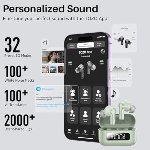 TOZO Hybrid Active Noise Cancelling Wireless Earbuds with 6 Mics AI Clear Call Ear Buds 68H Playtime with LED Display 32 Preset EQs via APP Bluetooth 5.3 IPX8 Waterproof in Ear Headphones 6