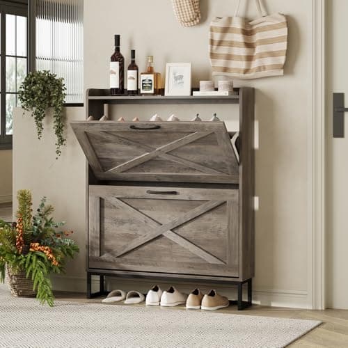 Maupvit Narrow Shoe Cabinet with 2 Flip Drawers，Shoe Storage Cabinet for Entryway, Hidden Shoe Storage Slim Storage Cabinet with Metal Legs, Farmhouse Free Standing Shoe Rack Cabinet 7