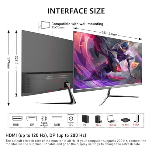 Gawfolk 24.5 Inch PC 200Hz Gaming Monitor, FHD 1080p screen, Built-in speakers,1ms without Bezel, freesync, 99% sRGB, 178 ° Angle View, HDMI、DisplayPort, Compatible with wall mounting 75*75MM - Black 7