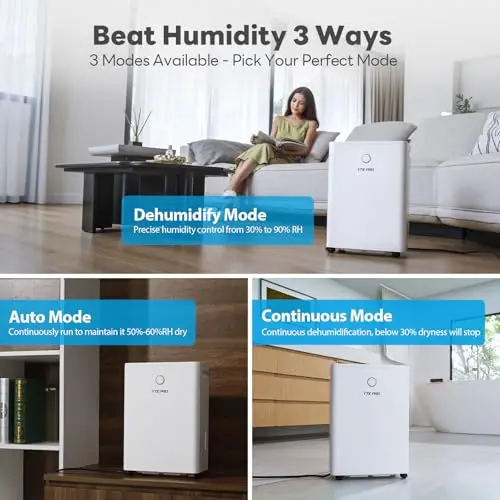 YTE PRO 1500Sq.Ft Dehumidifier, 30Pint Dehumidifiers for Home, Quiet Dehumidifier for Bathroom, Basement, Bedroom and RV, with 6.56FT Drain Hose,0.66Gal Water Tank, 3-Color Humidity Light 8