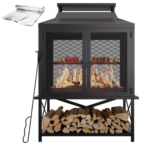 2-in-1 Metal Chiminea Fireplace with Grill,Wood Burning Outdoor Fireplace with Wood Storage, Chimney,Metal Mesh Spark Screen,and Fire Tongs Ideal for Yards,Patios, Gardens,Camping,and Picnics