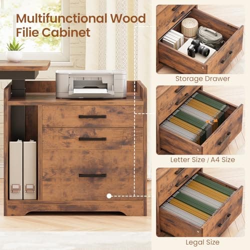 SEDETA L Shaped Electric Standing Desk with File Cabinet, 63 x 53'' Height Adjustable Home Office Computer Desk with 3 Drawers, Power Outlet, Stand up Gaming Table with Led Lights, Rustic Brown 5